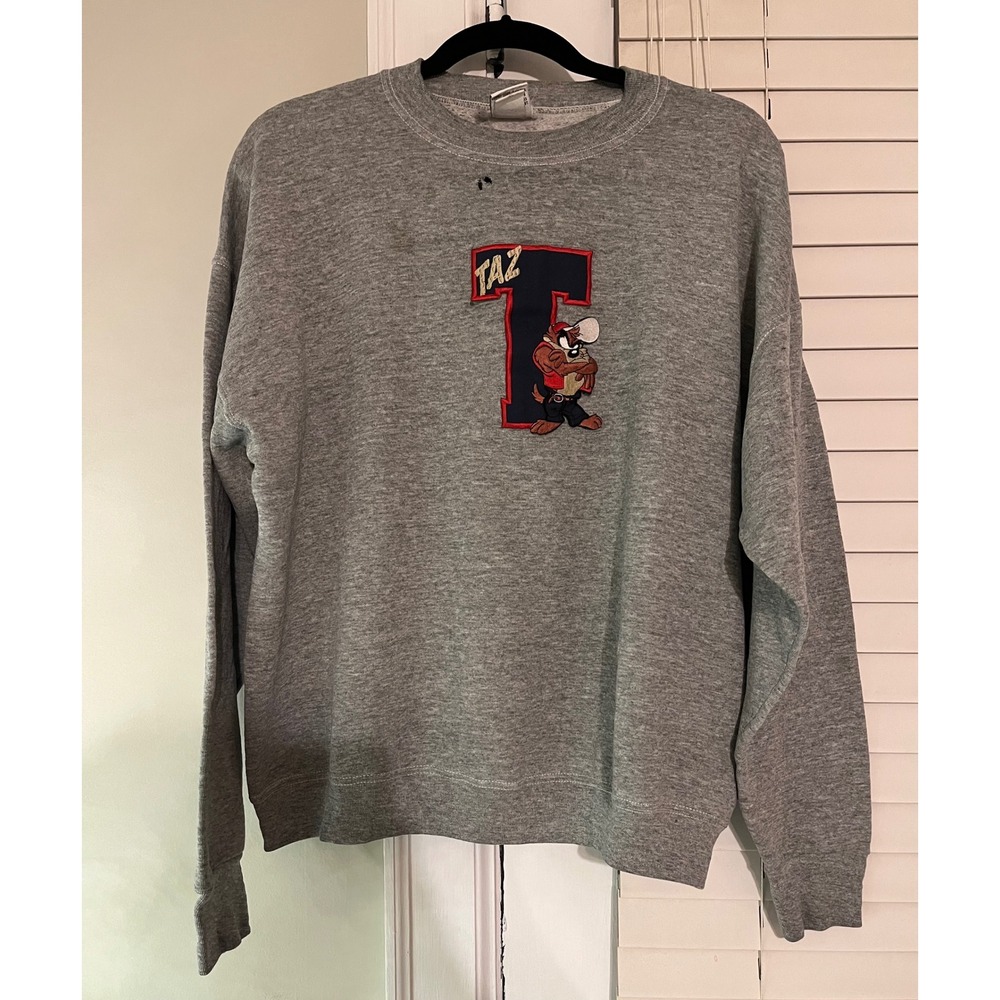 VTG Looney Tunes Taz‎ Maniac Sweatshirt XL Grey Embroidered Crewneck Distressed